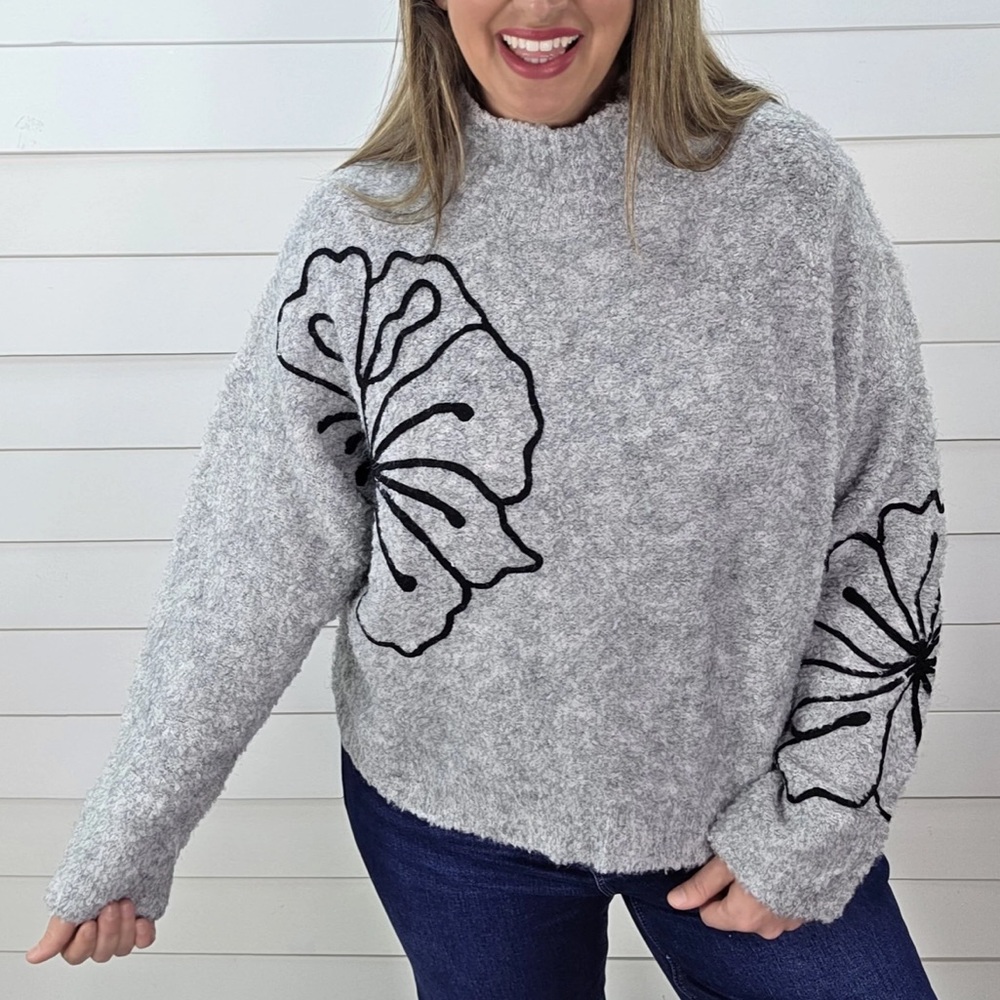 The Back Forty Boutique Gray XL Plush 3D Floral Cropped Mock Neck Sweater
